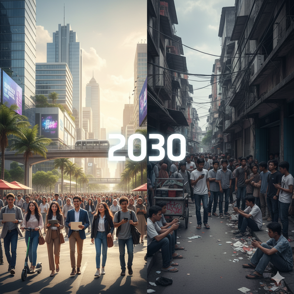 Ilustrasi dampak bonus demografi 2030 di Indonesia, antara peluang kerja dan risiko pengangguran.